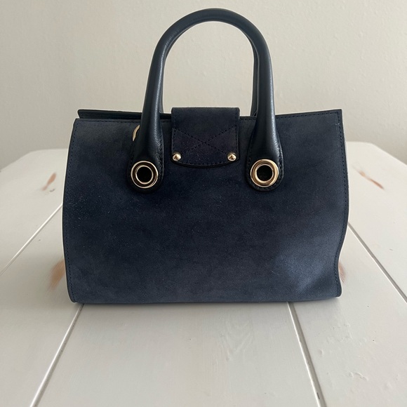 Jimmy Choo Navy Denim Tan Suede Mini Small Top Handle Bag Gold with Strap Loops - Picture 2 of 4